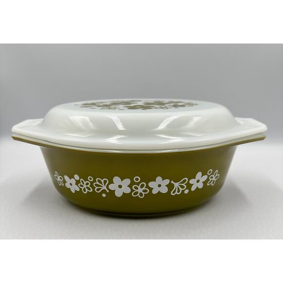 Vintage PYREX 043 Green Spring Blossom Glass Casserole & Lid 1.5 Qt - Picture 1 of 12